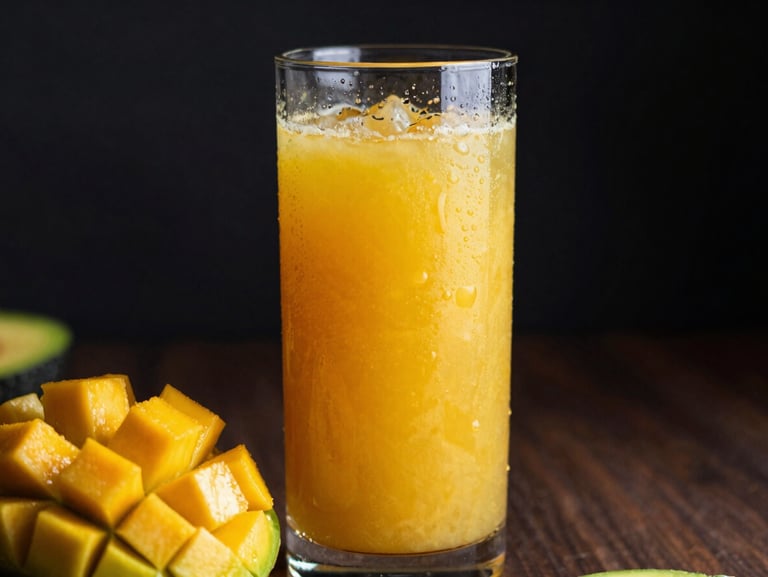 A tall glass of layered mango and avocado juice, vibrant colors, condensation on glass, moody lighting, 35mm