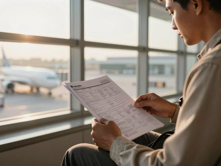 Wide environmental shot, a pilgrim seated at a quiet departure terminal reviewing printed itinerary papers under warm natural window light, calm and unhurried atmosphere, soft golden daylight from the left, medium shot showing hands and document details clearly