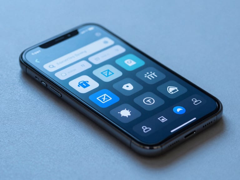 Macro shot of a high-end smartphone displaying a secure banking interface with encrypted data symbols, cool blue lighting, clean slate background.