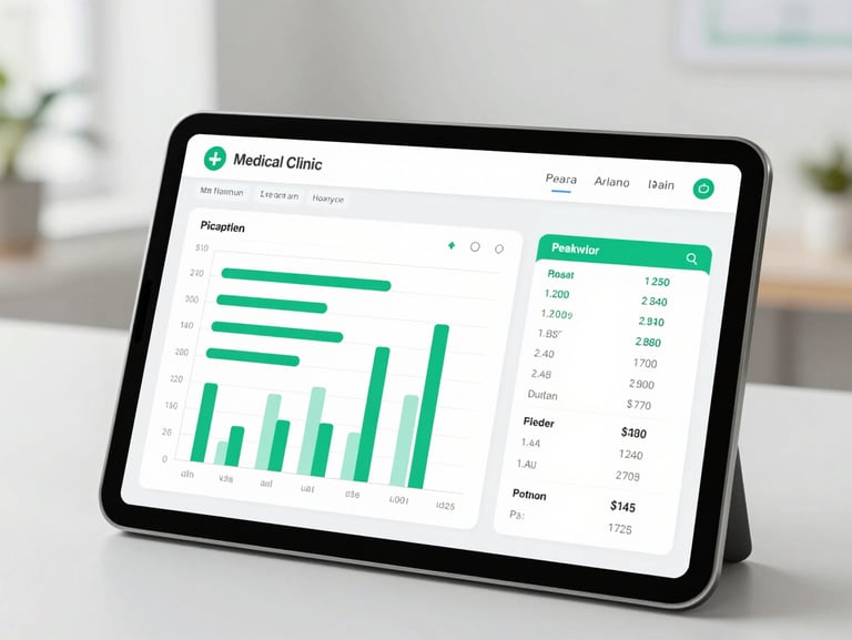 Crisp simplified vector-style mockup of a medical clinic data dashboard on a tablet screen, showing clean green charts, appointment metrics, and peak hours, minimalist design.