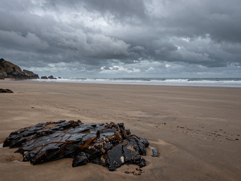 Wide landscape shot of a completely empty wild beach in Asturias, dark sand, heavy low-hanging gray clouds, wet rocks in foreground.