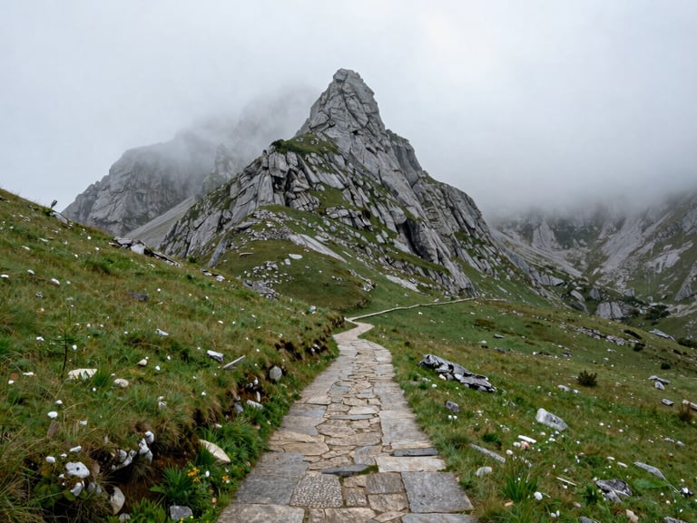 Overcast landscape of a narrow trail winding through the misty limestone peaks of Picos de Europa, green pastures, damp atmosphere.