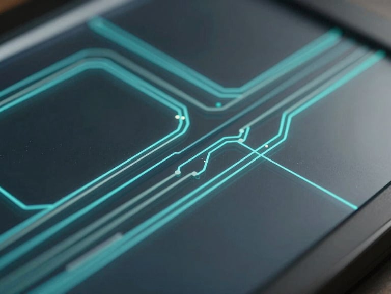 Macro close-up of dark glass panels with thin cyan light paths representing structured information routing, high-fidelity UI detail.