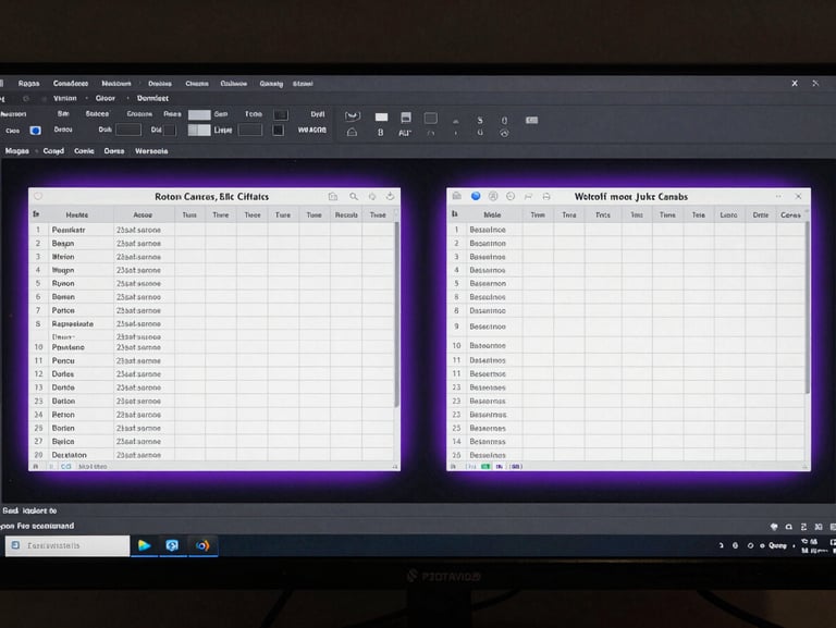 Symmetrical top-down view of a clean workspace interface displaying relational database tables, subtle purple edge glow, dark metallic texture.