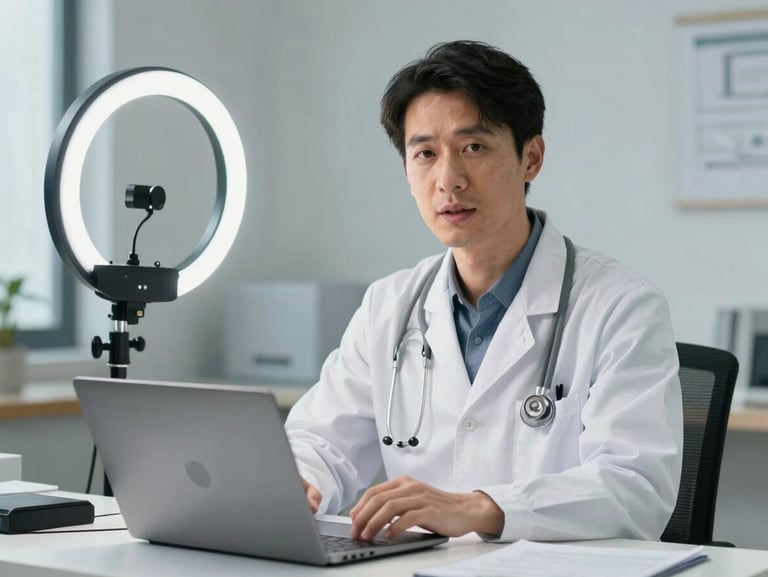 Close medium shot of a male physician in a white coat seated in front of a laptop and ring light setup, speaking directly to camera with calm authority, clinical office background visible, daylight-balanced studio lighting, microphone slightly visible at frame edge, organized desk surface