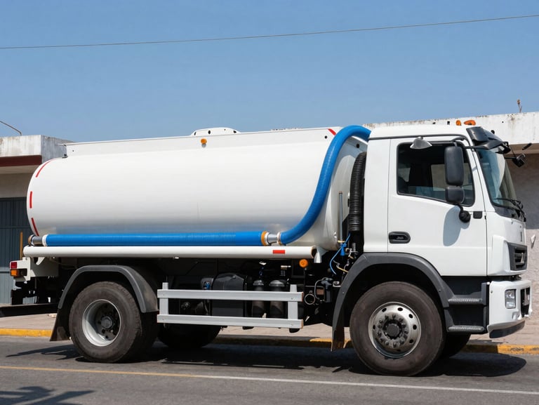 Crisp industrial photography of a clean white water truck parked on a Guadalajara street, heavy-duty blue hoses extending from the side pump panel under bright midday sun