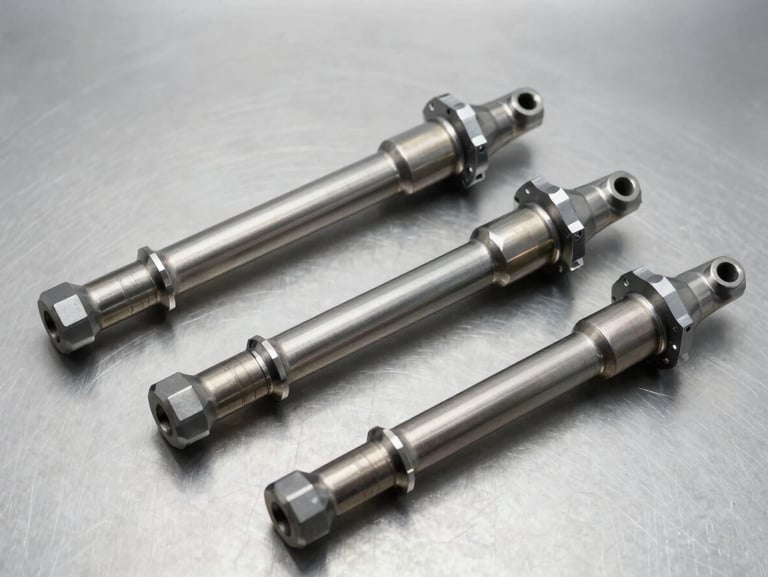 Clean steel automotive suspension parts and cv joints organized on a clean metallic surface, bright studio lighting