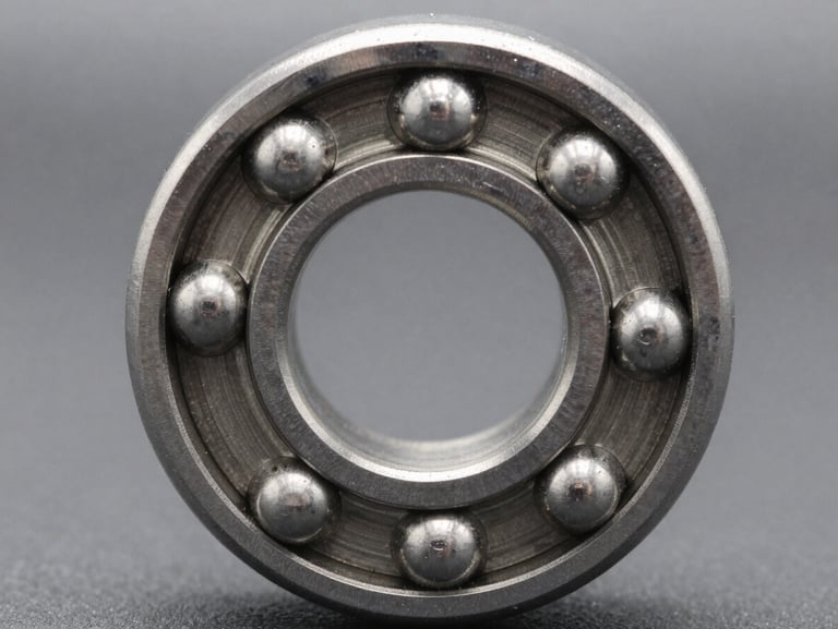Macro close-up of a pristine chrome steel ball bearing, high contrast, metallic reflections, neutral workshop background