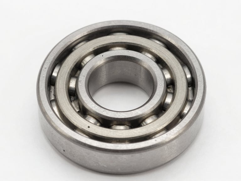 Macro shot of a high-precision double-row roller bearing, metallic reflections, clean industrial background