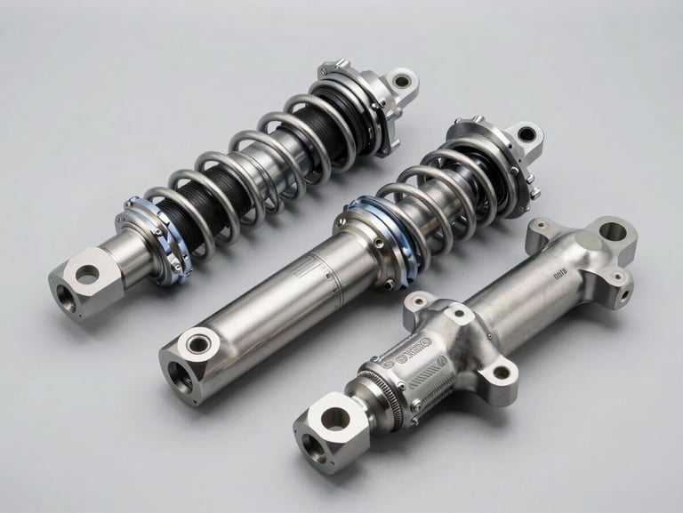 Clean studio shot of automotive suspension and drivetrain spare parts, metallic finish, organized on a neutral surface