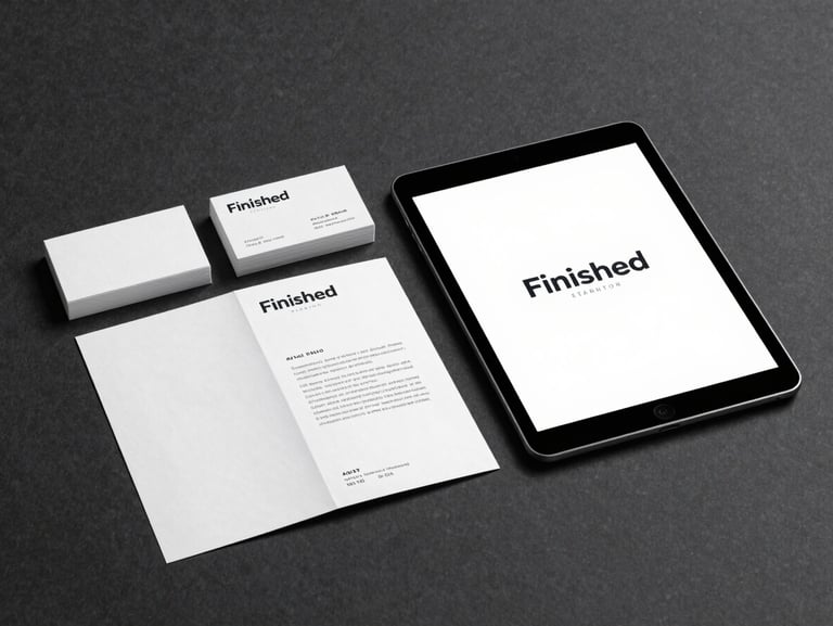 Finished brand system displayed in context — a cohesive set of business cards, a folded brochure, and a digital mockup on a tablet, arranged on a dark charcoal surface under focused studio light, every element aligned and resolved