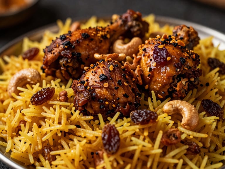 Close-up of Chicken Thalassery Biryani, tender spiced chicken buried under golden-yellow Kaima rice, garnished with fried raisins and cashews, dark background, warm lighting.