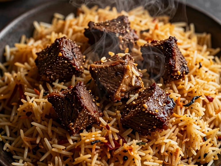 Overhead close-up of Beef Biryani, succulent beef chunks layered with spiced short-grain Kaima rice, steam rising, dark moody aesthetic.