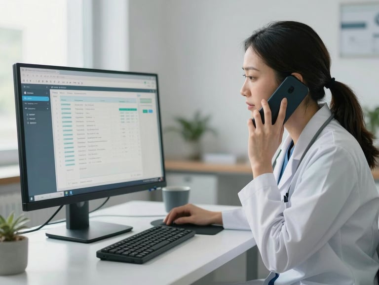 A professional clinician in a bright, modern office making an empathetic phone call while reviewing clean patient dashboard screens on a monitor, natural airy lighting.