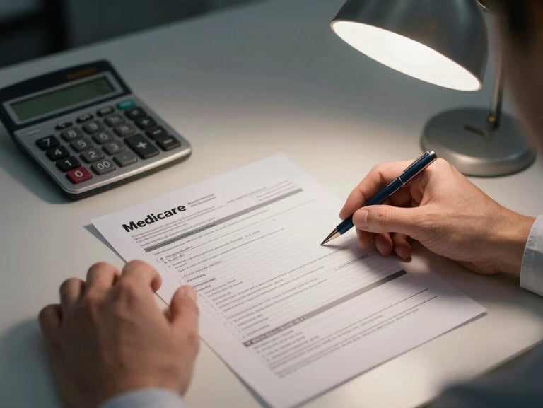 Hands of an agent pointing to a line item on a printed Medicare plan summary document laid flat on a desk, a calculator nearby, soft studio desk lamp illuminating the paperwork from the right side