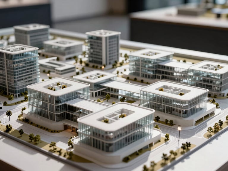 A close-up architectural model of a modern master-planned enclave under sharp gallery spotlighting