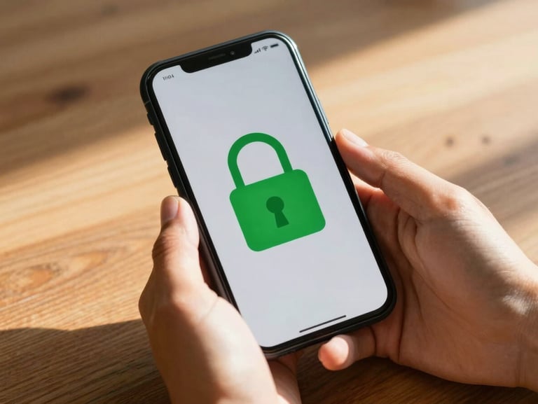 A close-up of hands holding a smartphone displaying a secure green padlock icon, warm sunlight casting soft shadows on a wooden table.