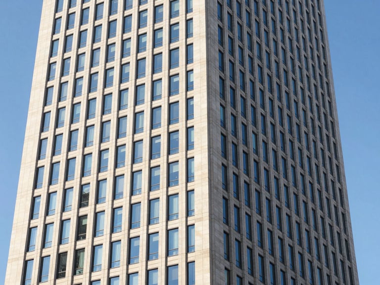 Modern corporate skyscraper facade in Madrid financial district, clean lines, bright daylight, reflections of blue sky, architectural photography