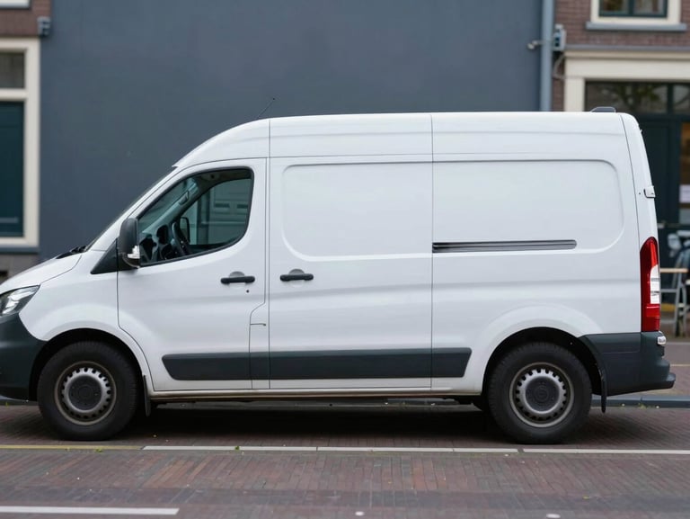 A clean white service van parked on a quiet street along a canal in Amsterdam, soft natural daylight, professional and reliable look.