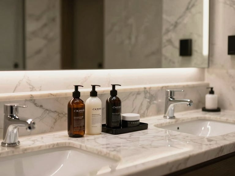 Clean, modern hotel bathroom with polished marble surfaces, warm backlit mirror, premium amenities neatly arranged.