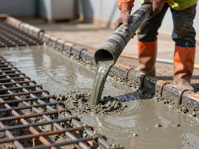 Close-up of wet concrete flowing smoothly from a heavy-duty rubber hose onto a steel rebar mesh, worker in orange boots and high-vis vest guiding the flow, bright natural daylight, sharp focus on the texture of wet concrete.