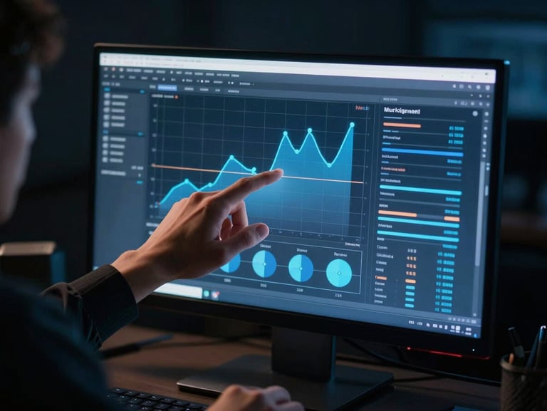 Close-up of a digital marketer analyzing ad campaign graphs on a high-end monitor in a dark studio, glowing screen reflecting on hands, moody lighting, 35mm lens