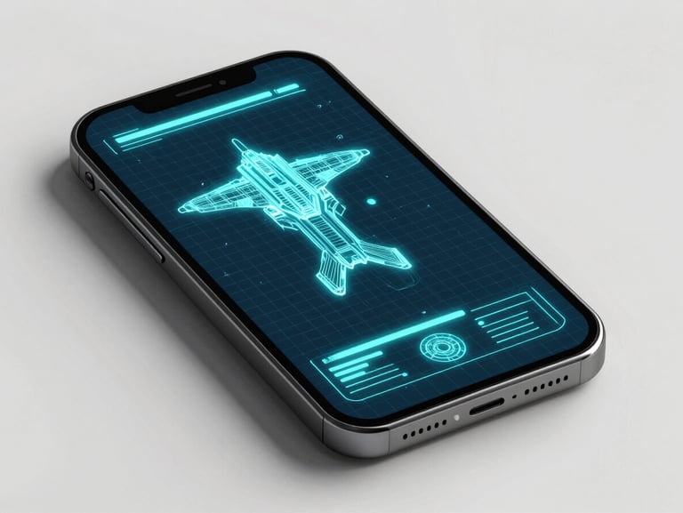 Clean vector schematic wireframe of a futuristic space shooter game interface on a mobile device, neon cyan grid lines, minimal design.