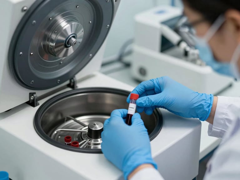 Hands of a lab technician in blue sterile gloves carefully placing blood sample tubes into a modern clinical centrifuge.