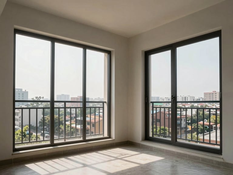 Modern 3 BHK apartment in Gurugram, bright natural light streaming through wide balcony windows