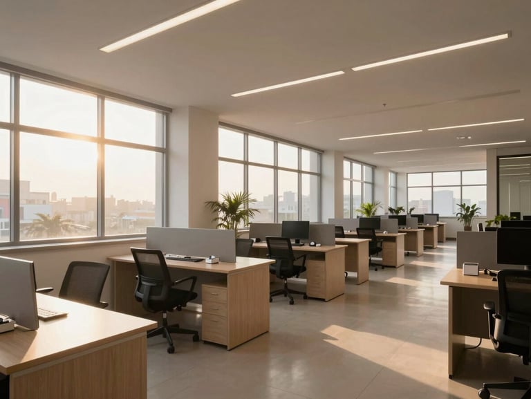Wide panoramic interior of a bright, modern Indian commercial office space at golden hour, natural light streaming through large windows onto clean desks, sharp architectural lines, no people.