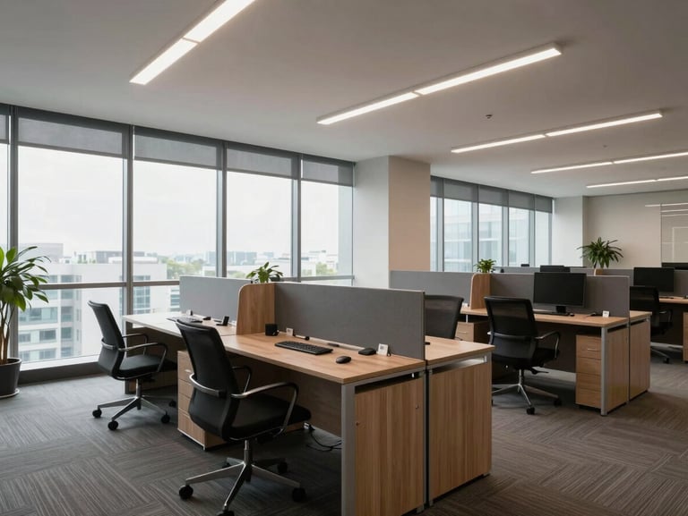 Commercial office space in Noida Sector 62, wide windows, modern layout with workstations