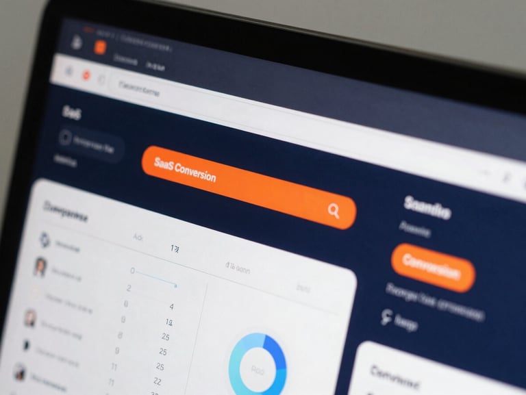 Macro screen detail of a SaaS conversion optimization dashboard, showing clean software interfaces and data visualizations under sharp studio lighting.