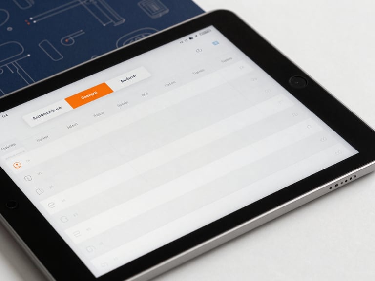 Close-up of a modern workspace with a tablet showing automated booking calendar slots, clean UI elements, subtle technical line art.
