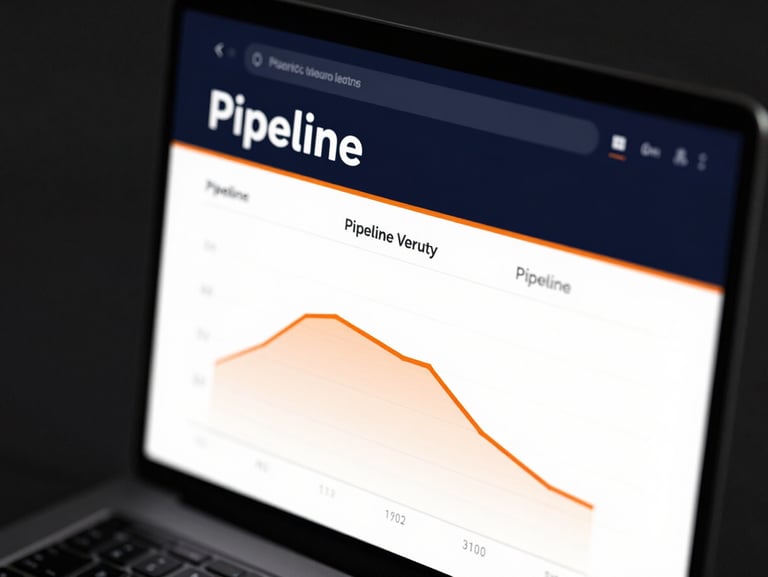 Sleek tech photography of a clean software interface displaying pipeline velocity metrics, high-contrast dark navy and orange accents.