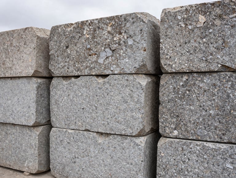 Close-up documentary shot of rough-hewn granite blocks stacked in a Bolivian quarry yard, overcast daylight revealing grain and natural fracture lines, no people, flat natural light