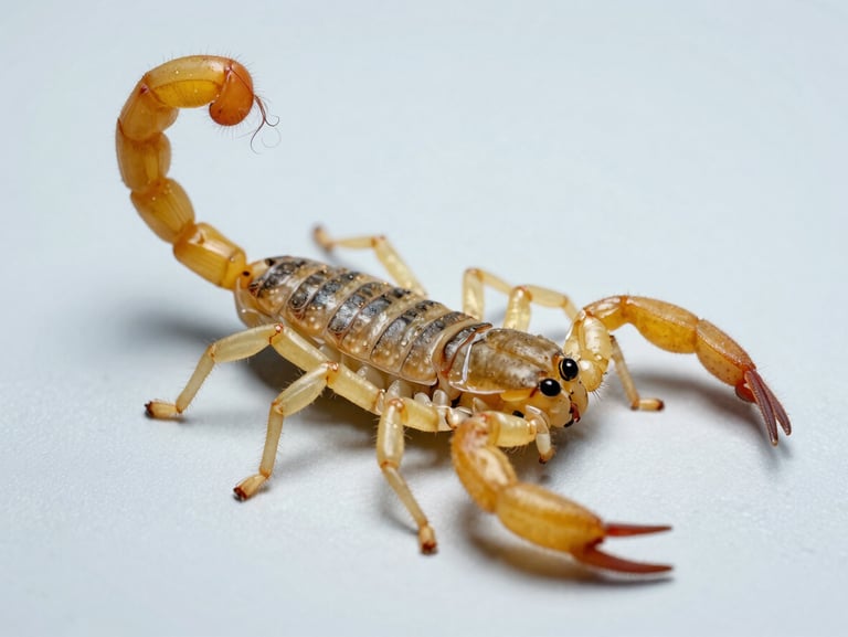 Macro photography of a yellow scorpion on a clean sterile light gray surface, clinical lighting, sharp focus on the stinger, no shadows, high-contrast scientific style.
