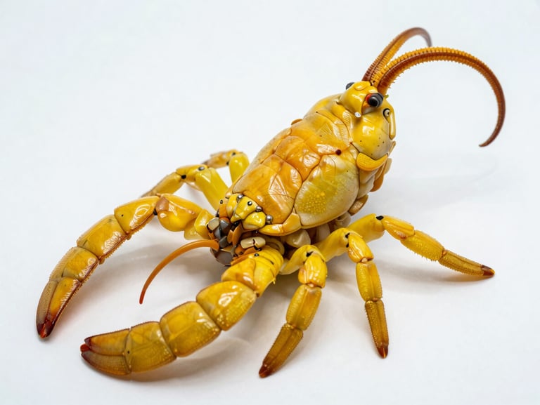 Escorpião amarelo em fundo branco estéril, detalhe anatômico nítido, iluminação clínica sem sombras dramáticas.