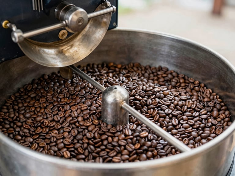 Close-up of freshly roasted dark coffee beans in a stainless steel roasting drum outlet inside an Indonesian processing facility, natural daylight, beans showing consistent roast color and texture, no people