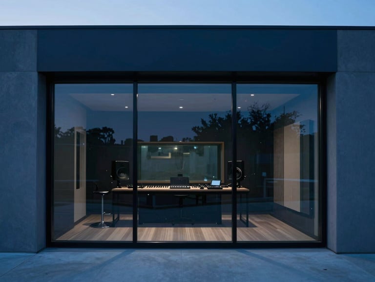 Modern minimalist recording studio exterior with clean glass and steel lines in Los Angeles, cool evening light, deep indigo shadows