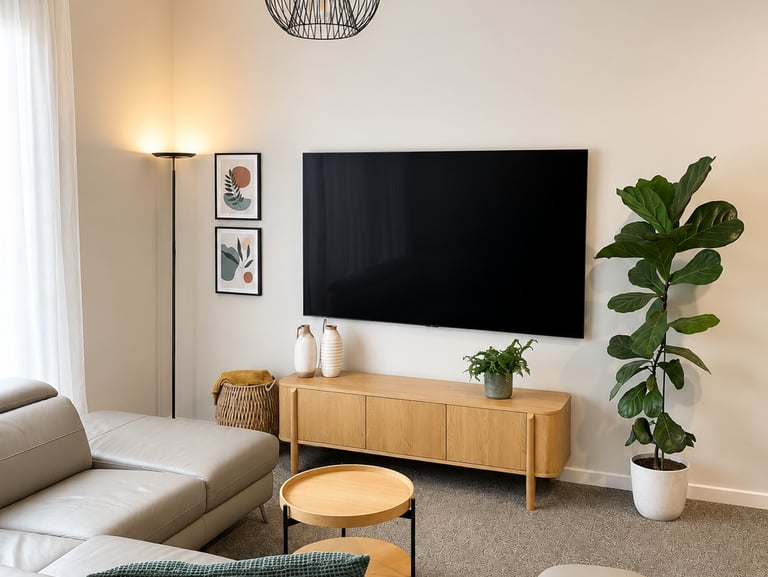 Modern living room featuring a wall-mounted TV above a wooden sideboard with a fiddle leaf fig plant.