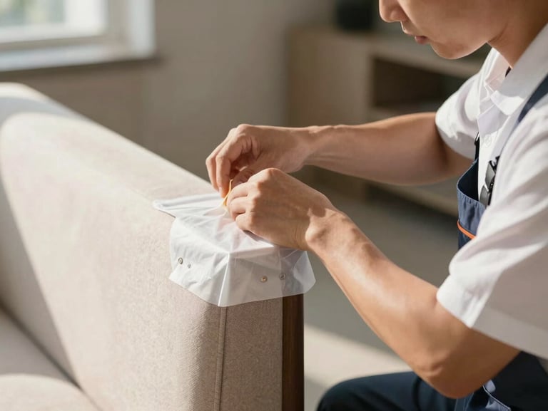 Close-up of a professional crew member in a clean uniform applying protective corner guards to a piece of high-value furniture under bright morning light