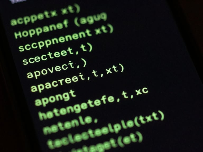 Macro photography of an Android device screen showing a high-contrast monospaced terminal launcher, neon green glow, dark-mode-first aesthetic, low-key lighting, 35mm
