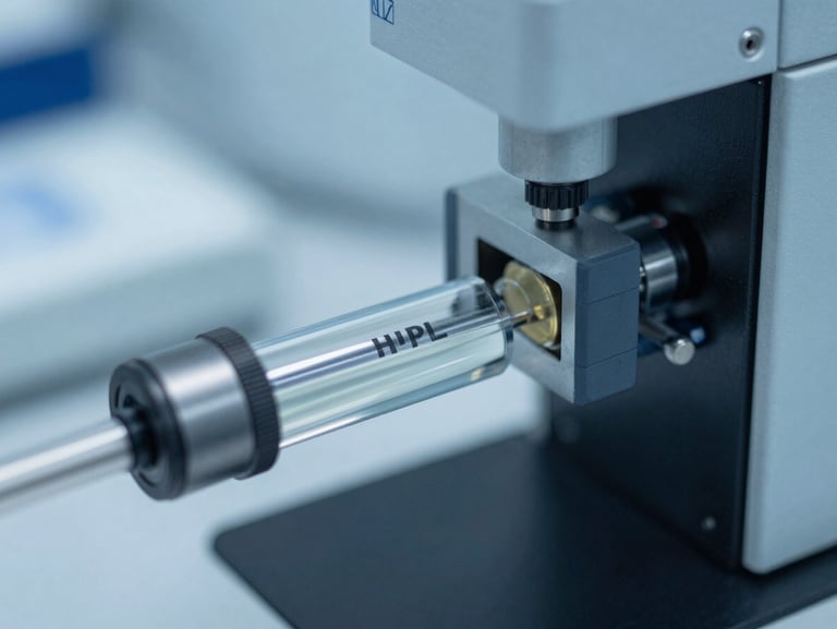 Macro shot of a high-performance liquid chromatography HPLC column in a clean laboratory, cool blue tones, precision scientific instrumentation, sharp focus.