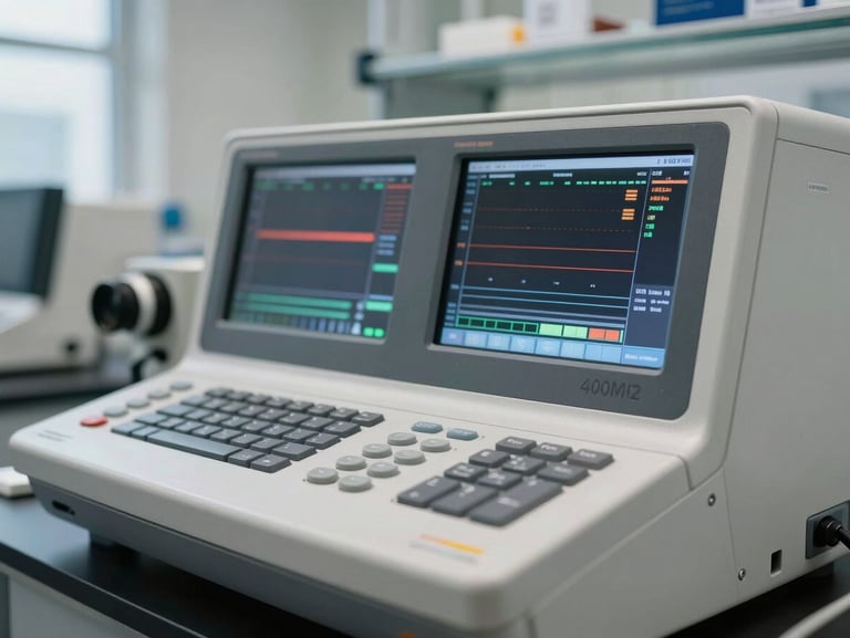 Macro close-up of a modern 400 MHz NMR spectrometer console in a clean, daylight-lit laboratory environment, focused on active digital chromatogram screens.