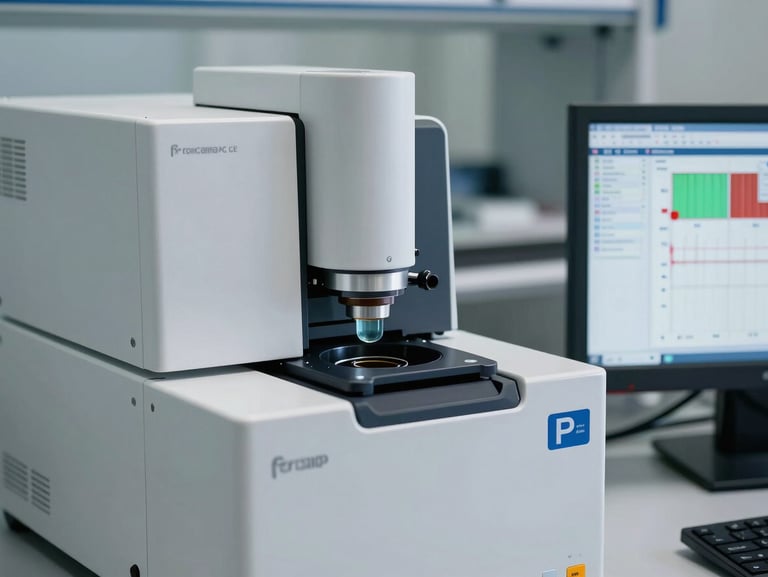 Macro shot of a high-performance liquid chromatography instrument in a pristine laboratory, with clear chromatogram data visible on an adjacent monitor under clean daylight.