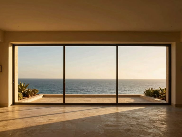 Intérieur épuré d'une villa de luxe à Tanger, grande baie vitrée ouvrant sur la mer Méditerranée, lumière dorée.