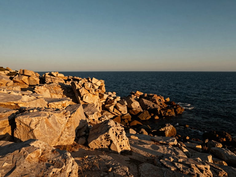 Terrain d'exception en bord de mer à Mnar, falaises rocheuses, horizon infini, lumière de fin de journée.