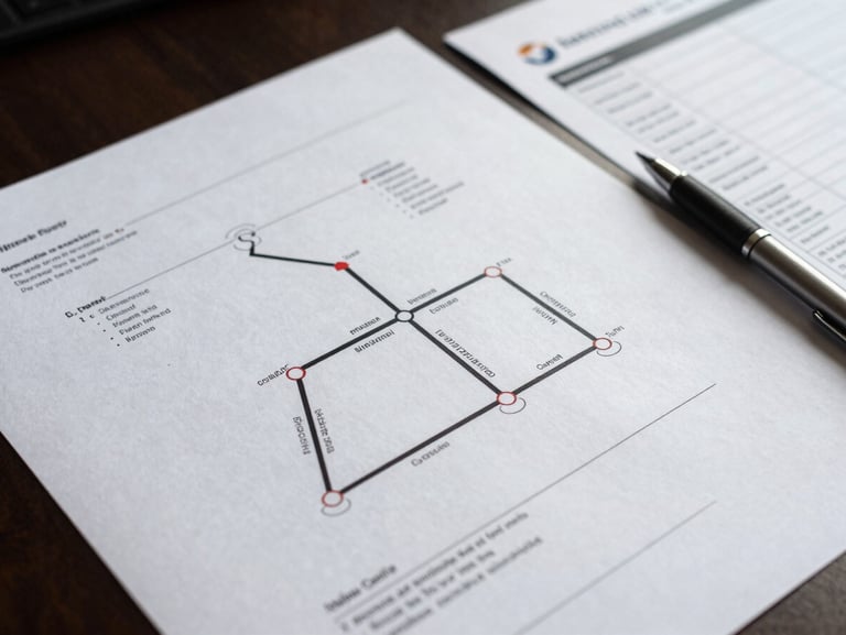 Close-up overhead of a logistics routing diagram on a desk — printed flow charts and compliance checklists under flat diffused office window light, pen resting beside a document, no faces visible
