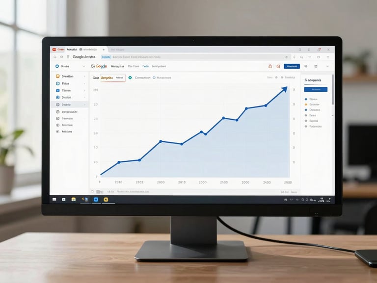 Wide monitor on a clean desk under diffused window light, displaying a Google Analytics dashboard with a sharp upward conversion-rate trend line — the chart is the focal subject, framing is close on the screen, no people visible, natural light from the left.
