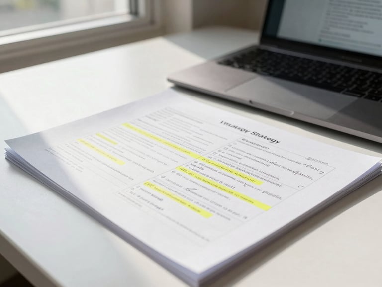 Close-up of a printed strategy document with handwritten annotations and highlighted sections on a clean desk, natural window light falling across the page, a laptop partially visible in the background showing a website wireframe — focus on the document as a work artifact.